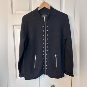Cynthia Rowley XL Black Cardigan with Silver Details 100% Merino Wool